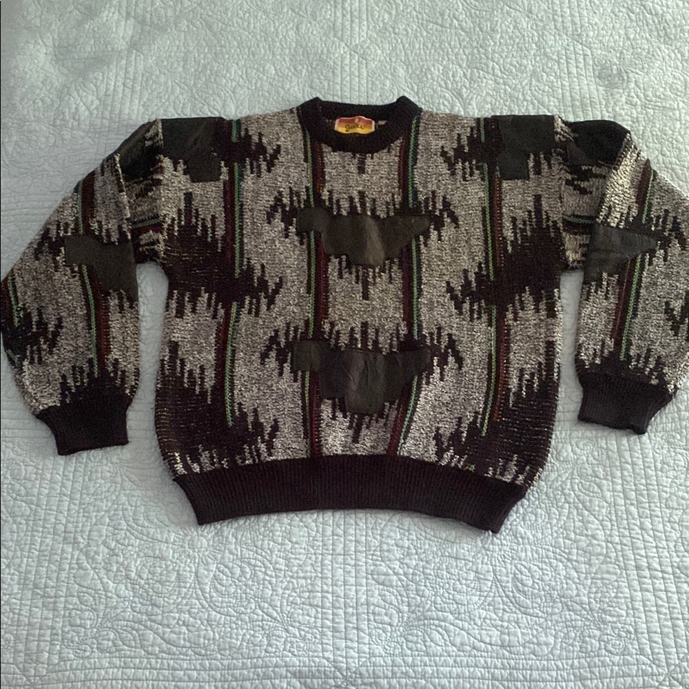 Cozy Black and Gray Crewneck Sweater with Leather Patches
